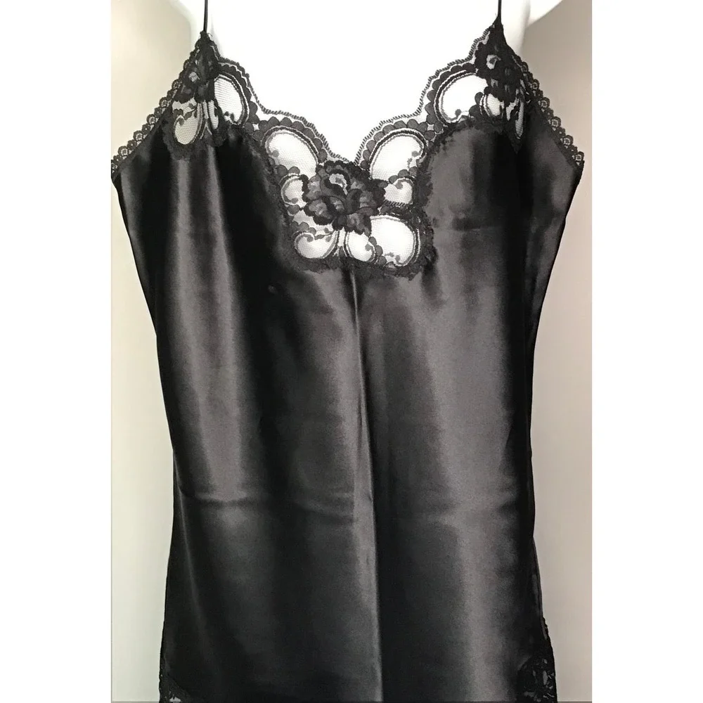 VTG 80's Black Satin Lace Trim Sz L Nightgown Lingerie + Ashley Taylor Half Slip